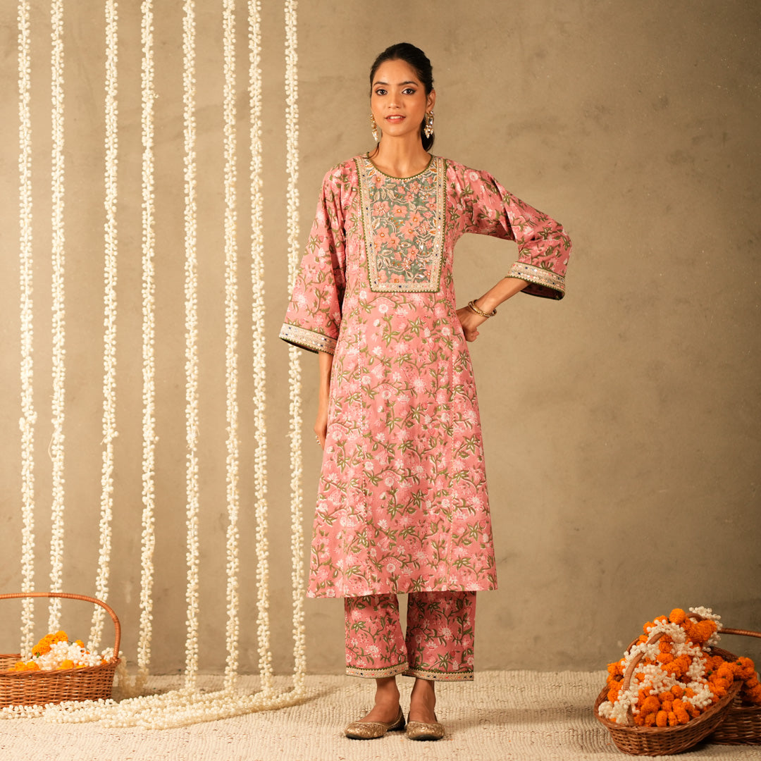 Pink Floral Printed Round Neck Kalidar Anarkali with Yoke with Straight Pants (Set of 2)
