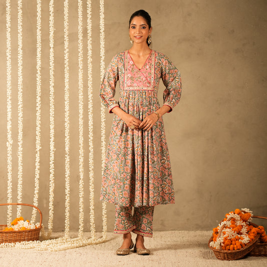 Green Floral Printed V Neck Long Kurta with Front Gathers with Straight Pants (Set of 2)