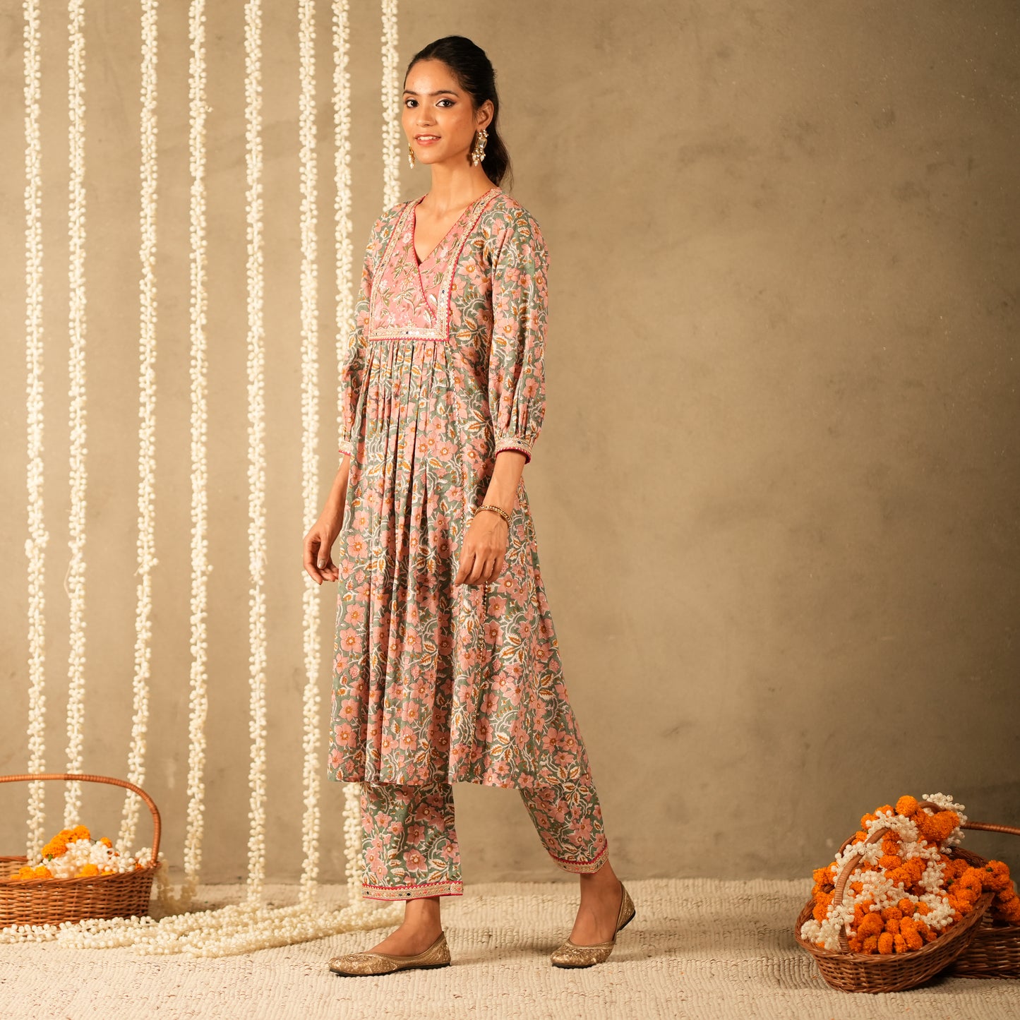Green Floral Printed V Neck Long Kurta with Front Gathers with Straight Pants (Set of 2)