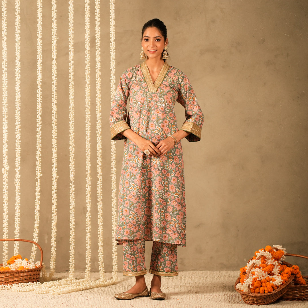 Green Floral Printed V Neck Long A Line Kurta with Straight Pants and Dupatta (Set of 3)
