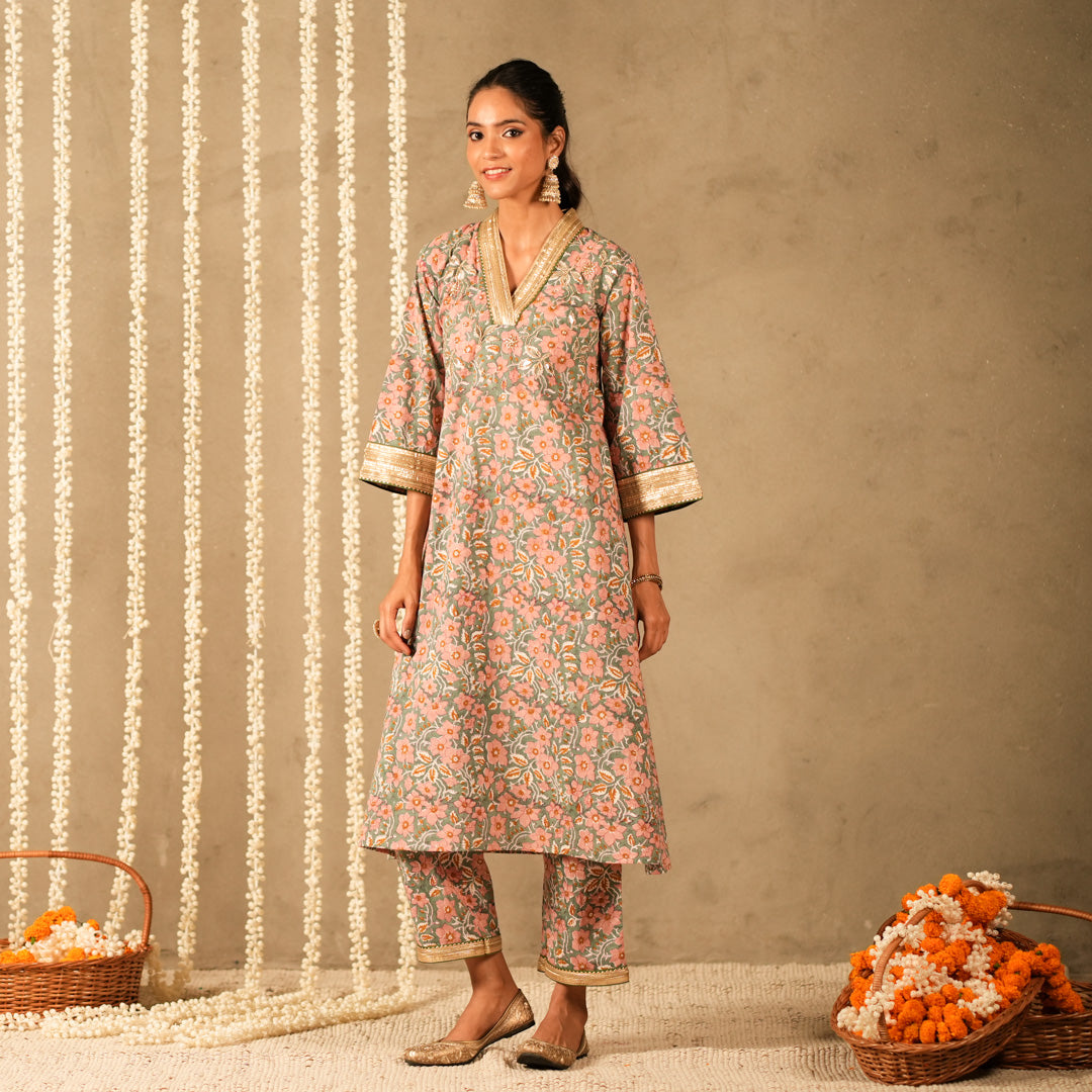 Green Floral Printed V Neck Long A Line Kurta with Straight Pants and Dupatta (Set of 3)