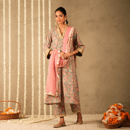 Green Floral Printed V Neck Long A Line Kurta with Straight Pants and Dupatta (Set of 3)