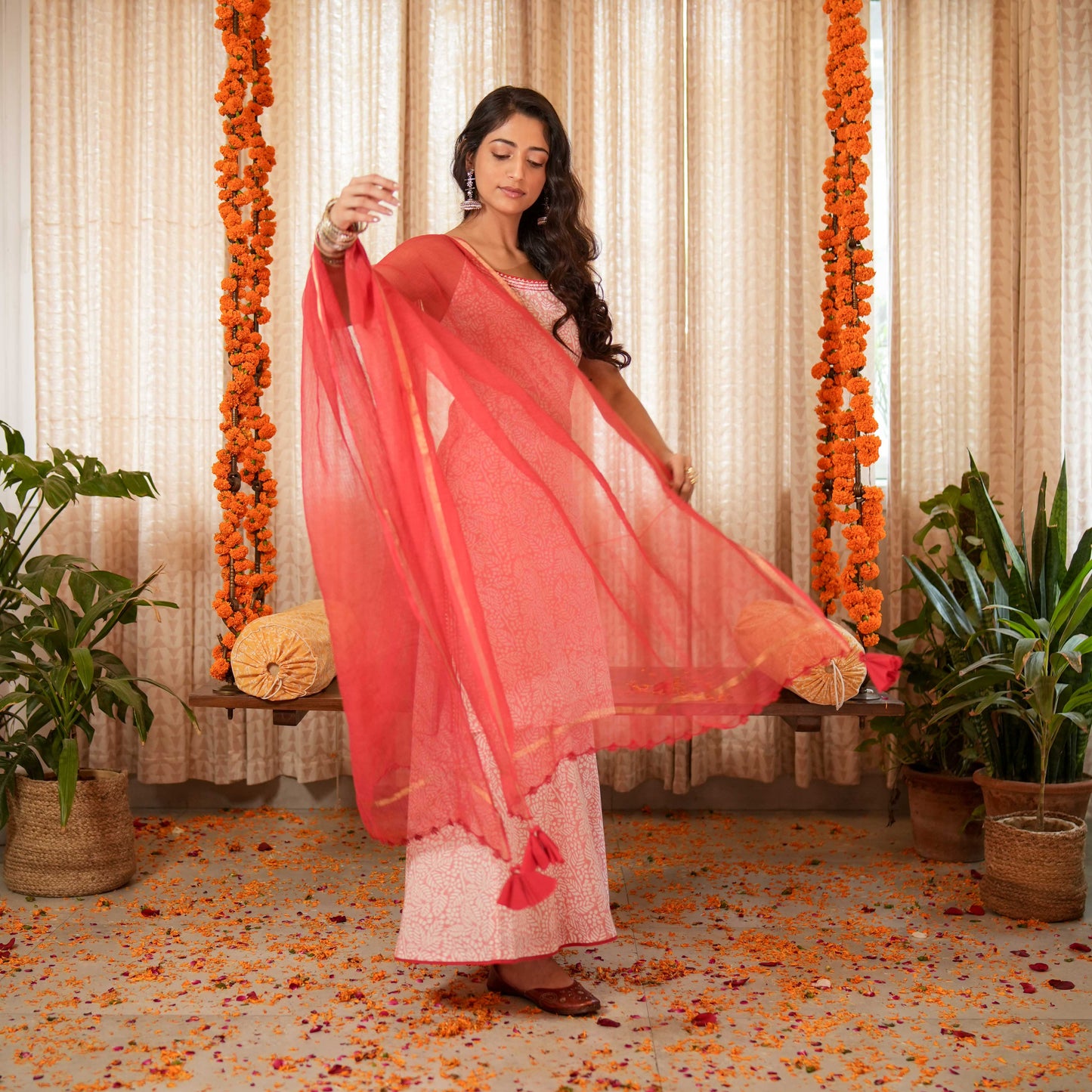 Red Cotton Kota Doria Dupatta With Scalloped Embroidered Edges With Tassel Details