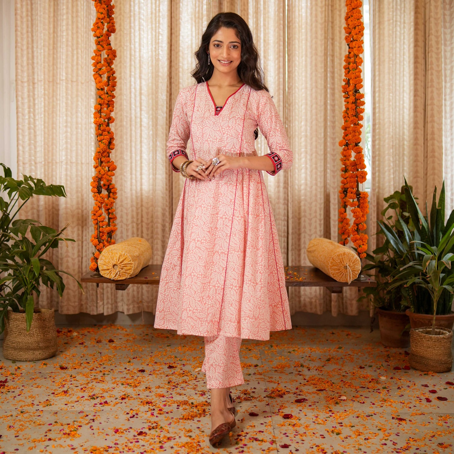 Blossom Pink Block Printed Anarkali Kurta Set With Contrast Seam Details With Matching Pants ( Set of 2 )