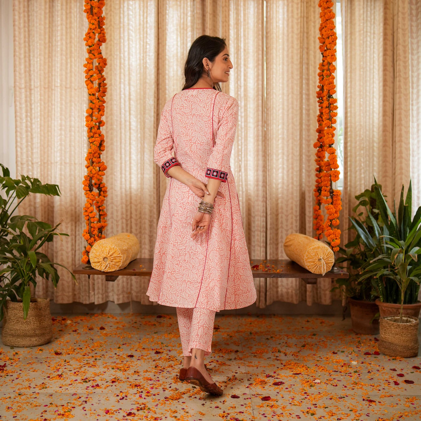 Blossom Pink Block Printed Anarkali Kurta Set With Contrast Seam Details With Matching Pants ( Set of 2 )