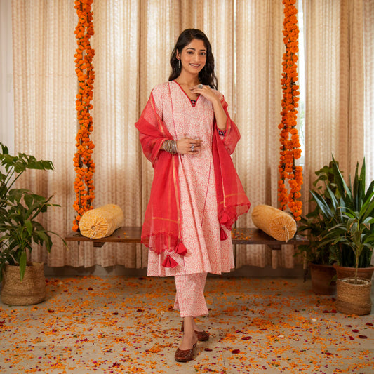 Blossom Pink Block Printed Anarkali Kurta Set With Contrast Seam Details With Matching Pants And Dupatta ( Set of 3 )