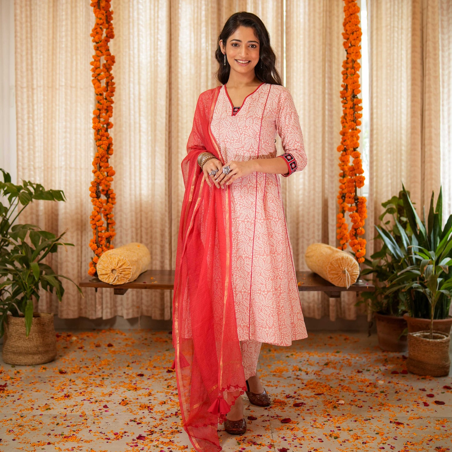 Blossom Pink Block Printed Anarkali Kurta Set With Contrast Seam Details With Matching Pants And Dupatta ( Set of 3 )