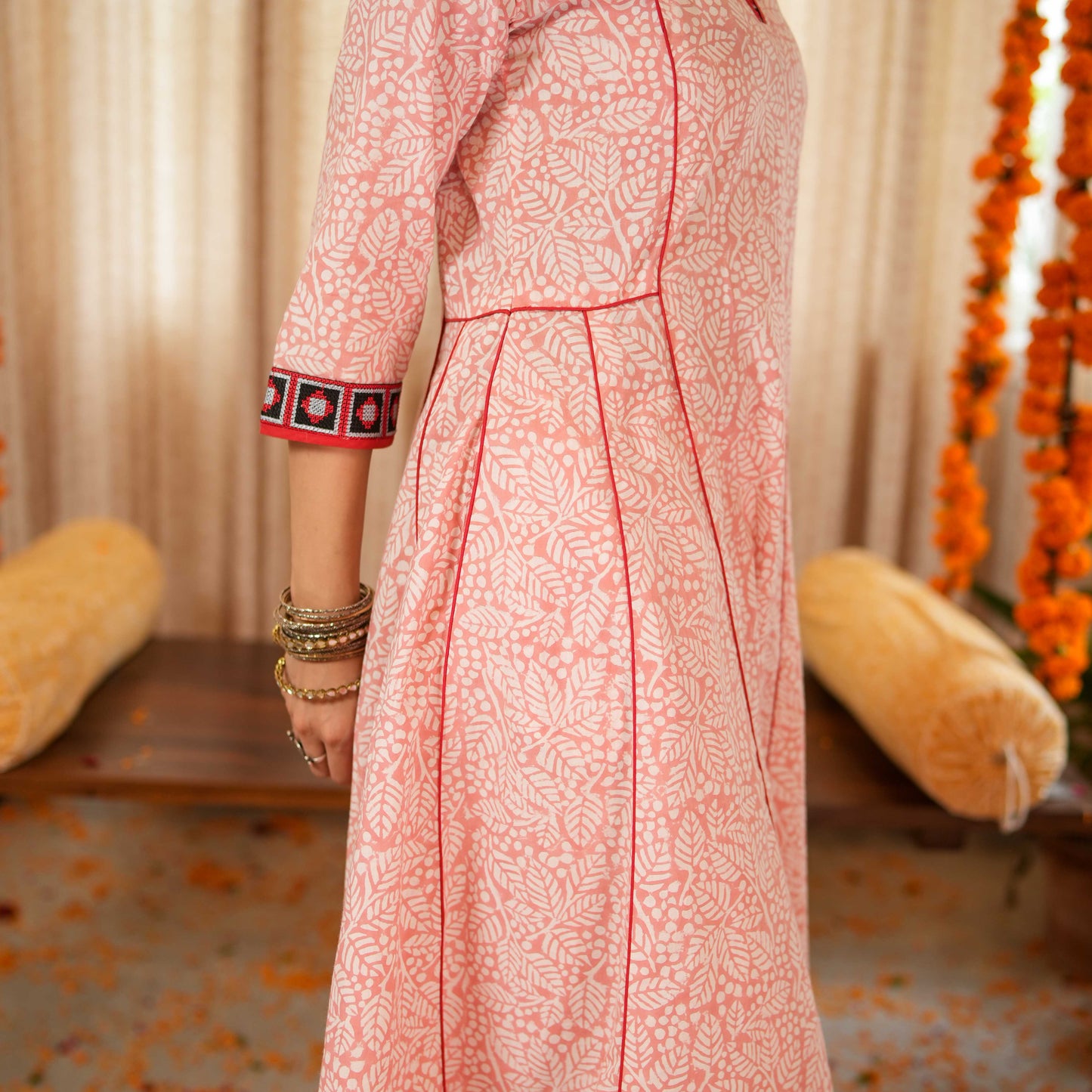 Blossom Pink Block Printed Anarkali Kurta Set With Contrast Seam Details With Matching Pants ( Set of 2 )