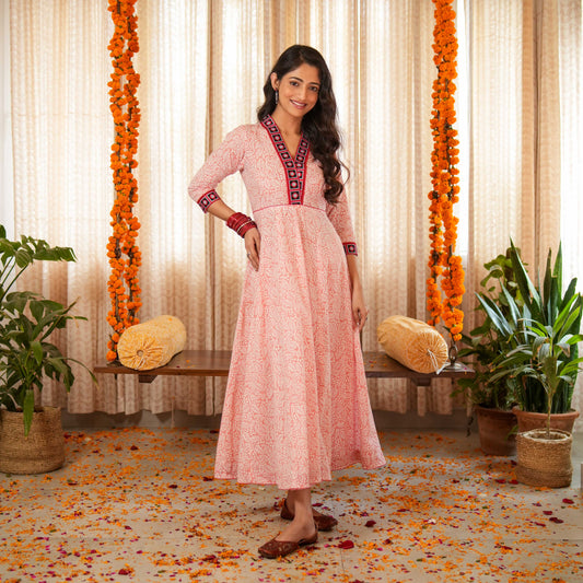 Blossom Pink Block Printed Anarkali Kurta with Border Details