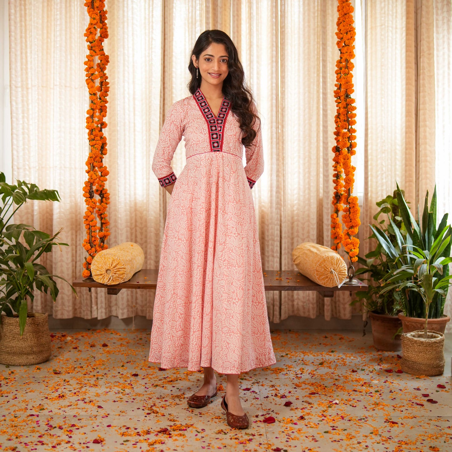 Blossom Pink Block Printed Anarkali Kurta with Border Details