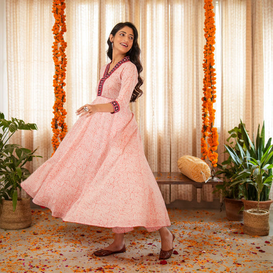 Blossom Pink Block Printed Anarkali Kurta With Border Details paired with Matching Pants (Set of 2)