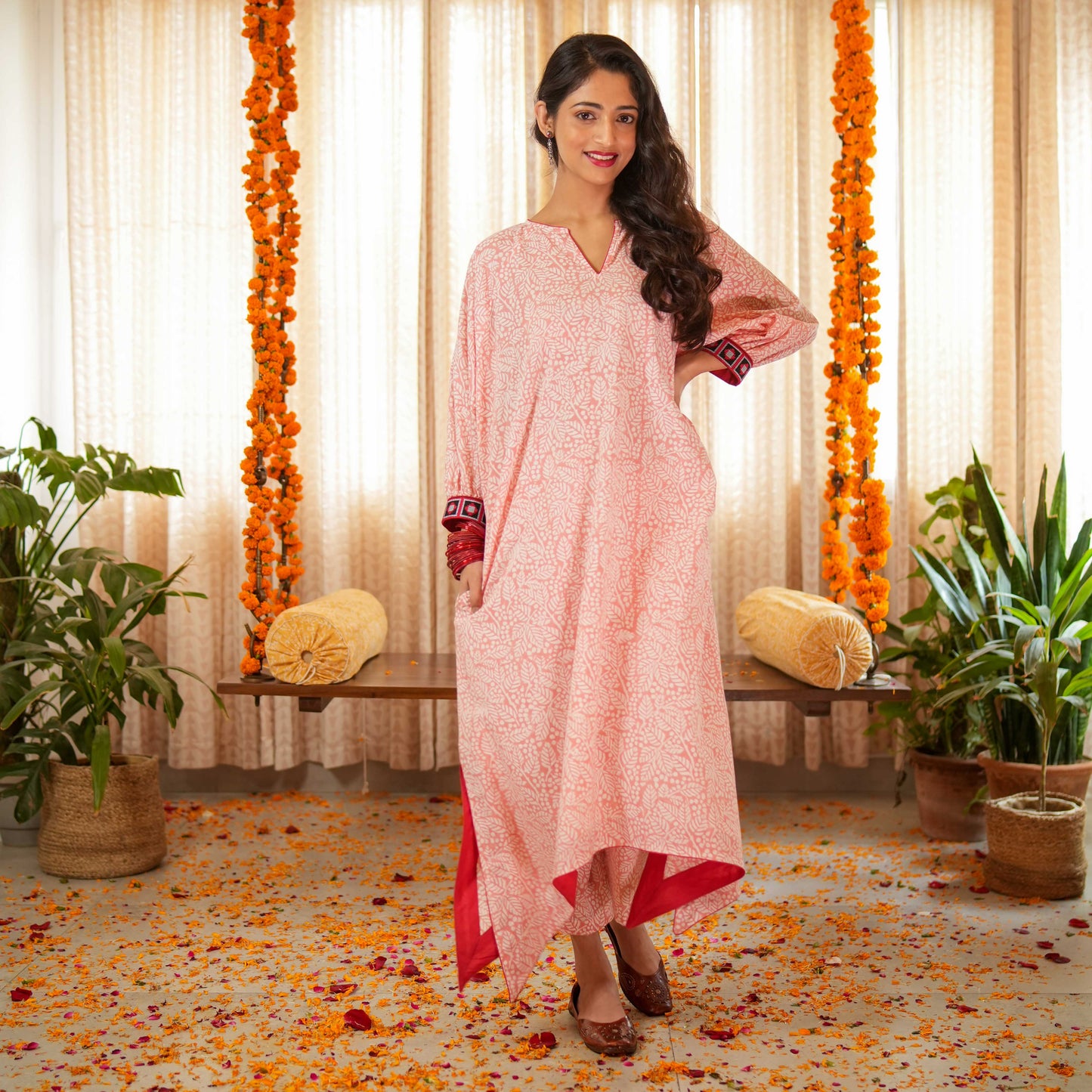 Blossom Pink Hand Block Printed Asymmetrical Kaftan With Border