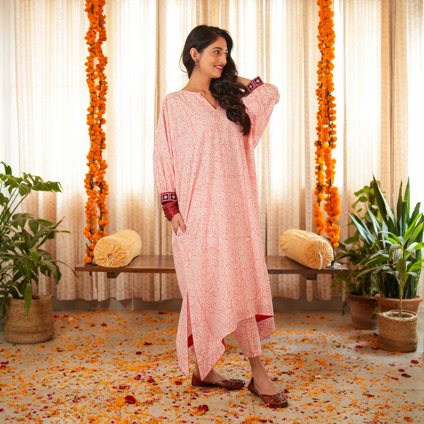 Blossom Pink Hand Block Printed Asymmetrical Kaftan With Border Paired With Pants (Set of 2)