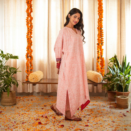 Blossom Pink Hand Block Printed Asymmetrical Kaftan With Border Paired With Pants (Set of 2)