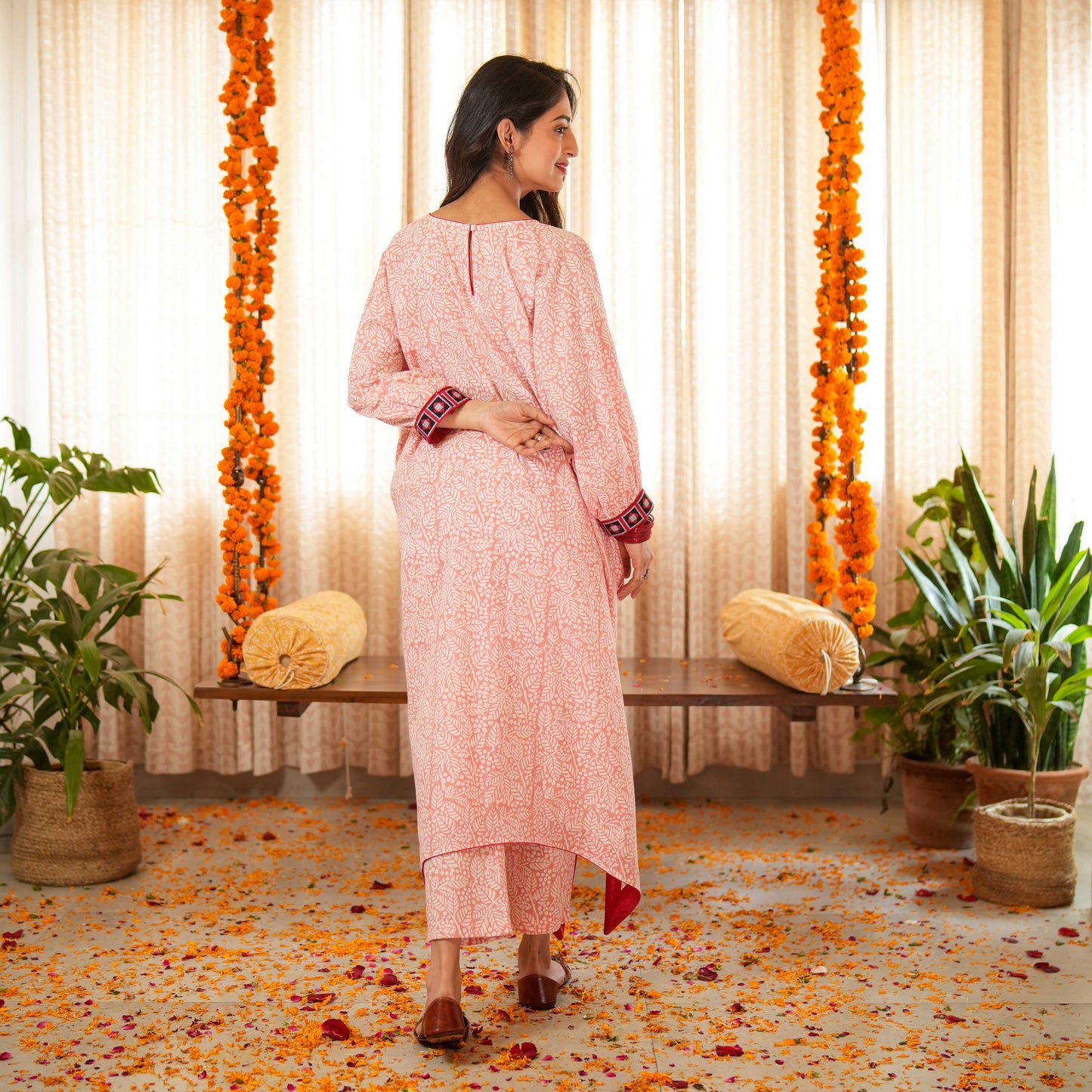 Blossom Pink Hand Block Printed Asymmetrical Kaftan With Border Paired With Pants (Set of 2)