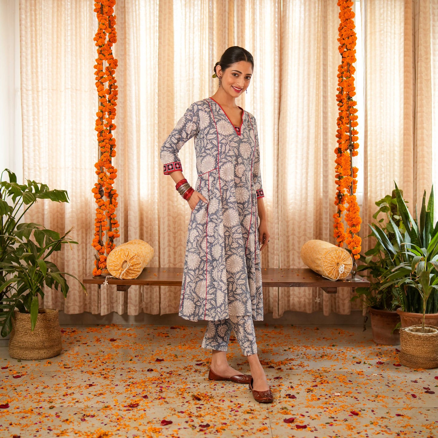 Bahama Blue Block Printed Anarkali Kurta With Contrast Seam Details