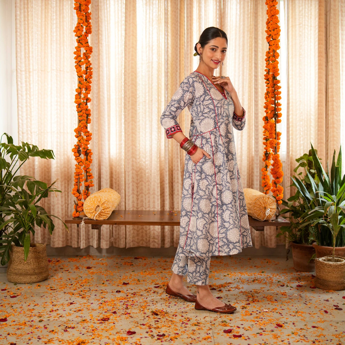 Bahama Blue Block Printed Anarkali Kurta With Contrast Seam Details