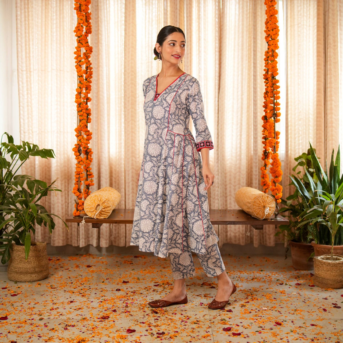 Bahama Blue Block Printed Anarkali Kurta With Contrast Seam Details