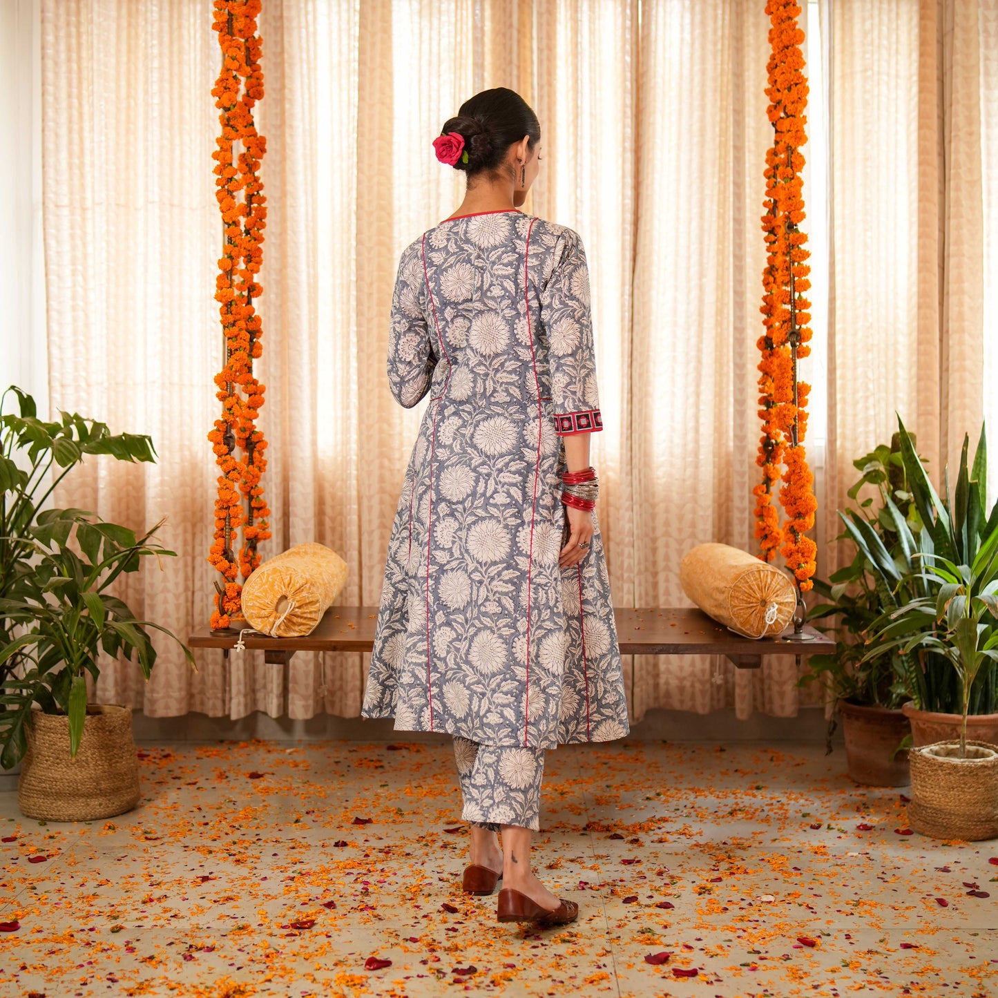 Bahama Blue Block Printed Anarkali Kurta With Contrast Seam Details