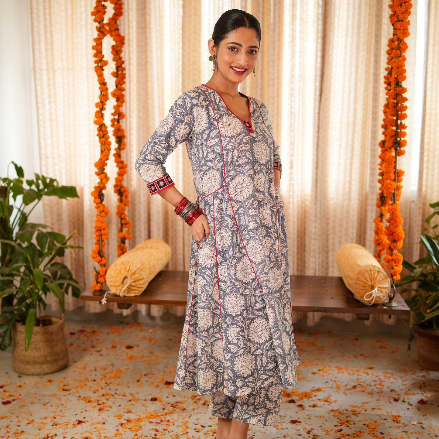 Bahama Blue Block Printed Anarkali Kurta With Contrast Seam Details