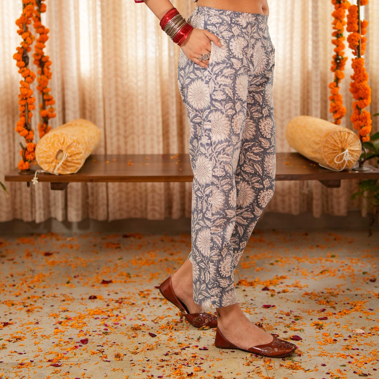 Bahama Blue Hand Block Printed Straight Pants