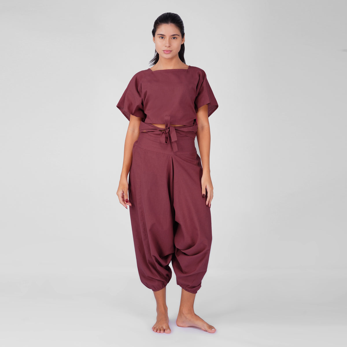 Women 100% Cotton Zero Waste Cotton Yoga Harem Pants and Yoga Top Set - In Rose Pink — view 1