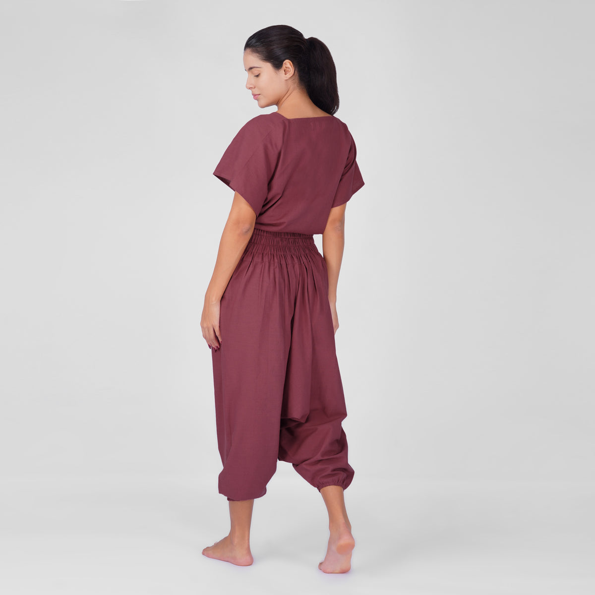 Women 100% Cotton Zero Waste Cotton Yoga Harem Pants and Yoga Top Set - In Rose Pink — view 2