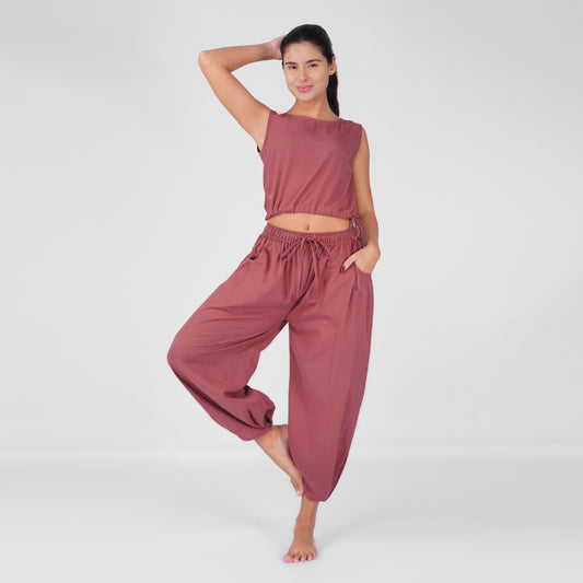 Sukha Yoga Set of 2 (Top & Pants) in 100% Cotton Sleeveless Round Neck Crop Top with Side Tie with baggy fit pants for comfort - Rose Pink