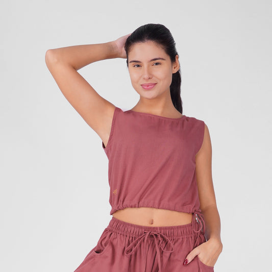 Ananda 100% Cotton Yoga Crop Top with Side Tie for Women - Rose Pink