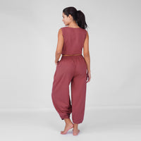 Sukha Yoga Set of 2 (Top & Pants) in 100% Cotton Sleeveless Round Neck Crop Top with Side Tie with baggy fit pants for comfort - Rose Pink