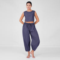 Sukha Yoga Set of 2 (Top & Pants) in 100% Cotton Sleeveless Round Neck Crop Top with Side Tie with baggy fit pants for comfort - Celtic Blue