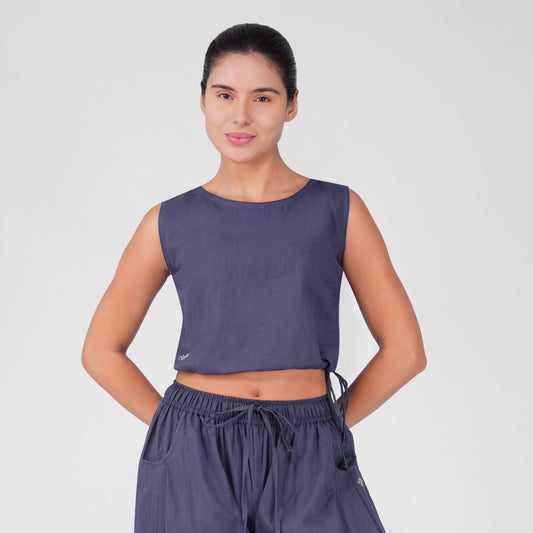 Ananda 100% Cotton Yoga Crop Top with Side Tie for Women - Celtic Blue