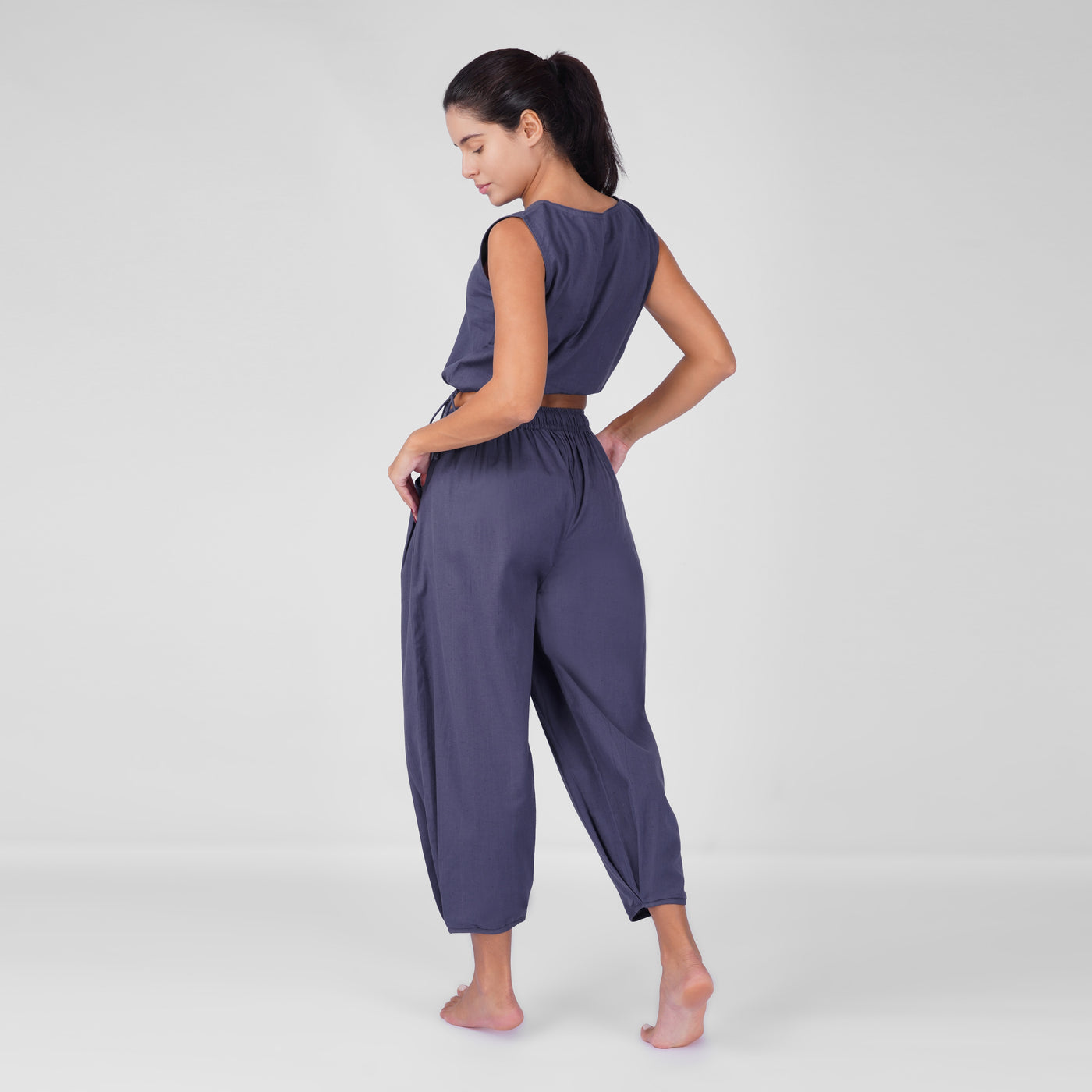 Sukha Yoga Set of 2 (Top & Pants) in 100% Cotton Sleeveless Round Neck Crop Top with Side Tie with baggy fit pants for comfort - Celtic Blue — view 2