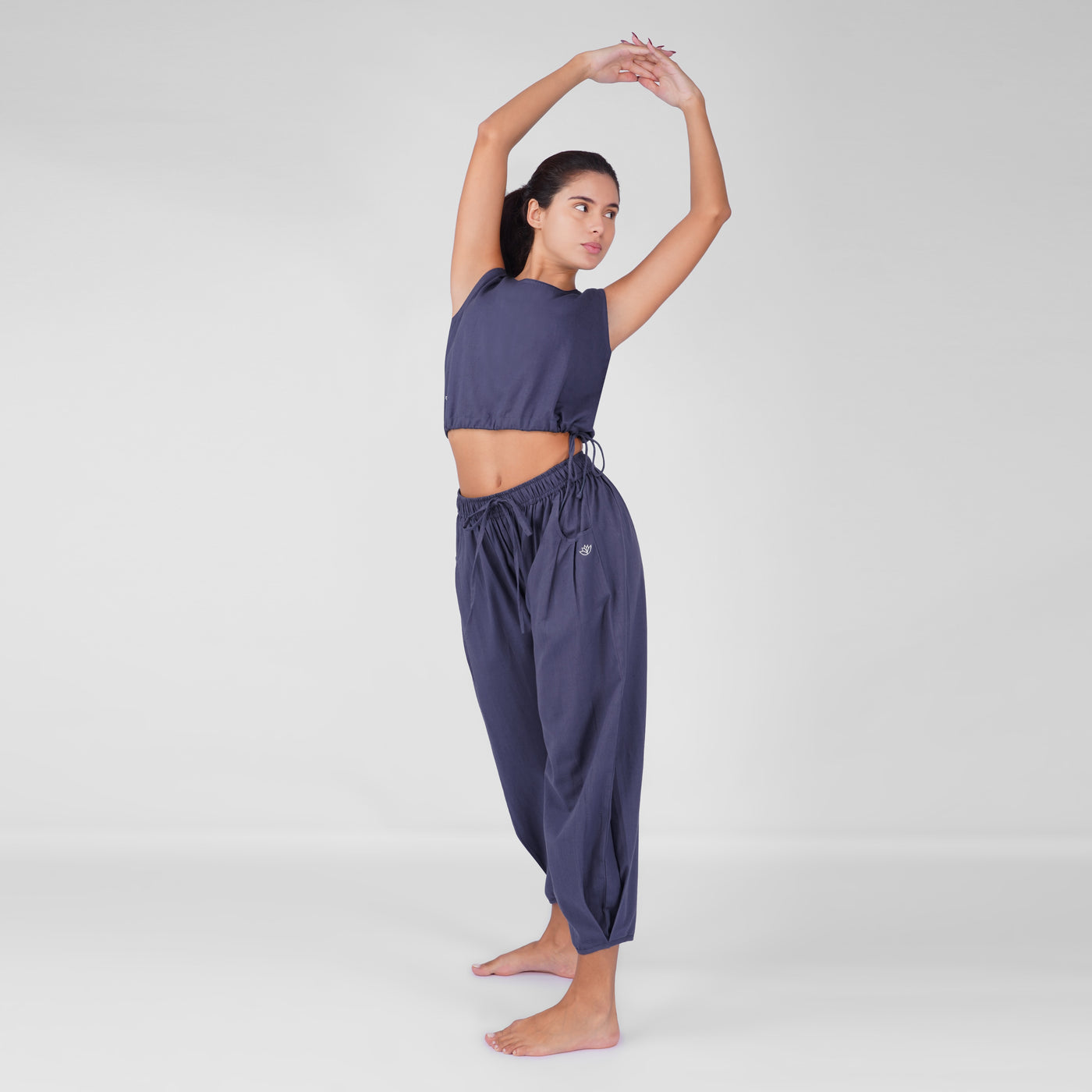 Sukha Yoga Set of 2 (Top & Pants) in 100% Cotton Sleeveless Round Neck Crop Top with Side Tie with baggy fit pants for comfort - Celtic Blue — view 3