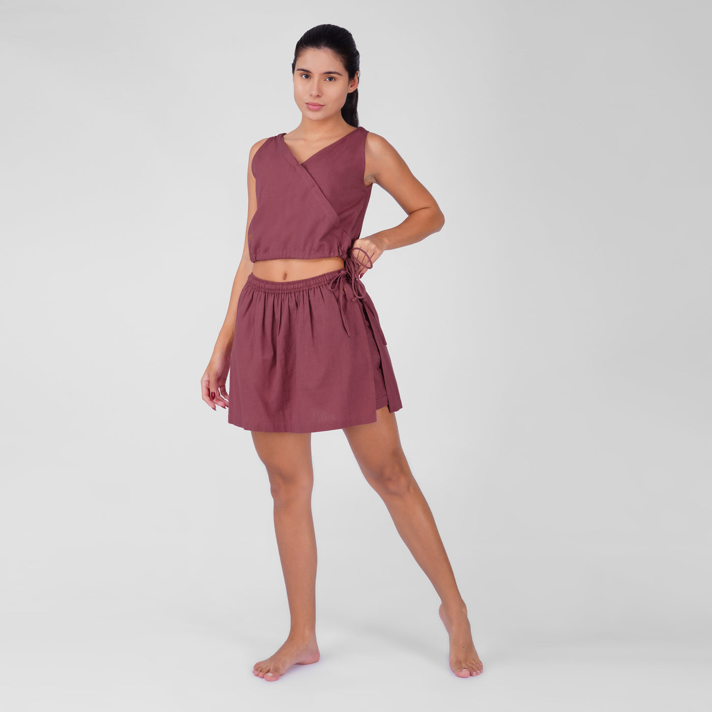 Isha Yoga Pants (Skort) and Top in Rose Pink 100% Cotton V-neck sleeveless vest and skort with half elasticed waistband — view 1