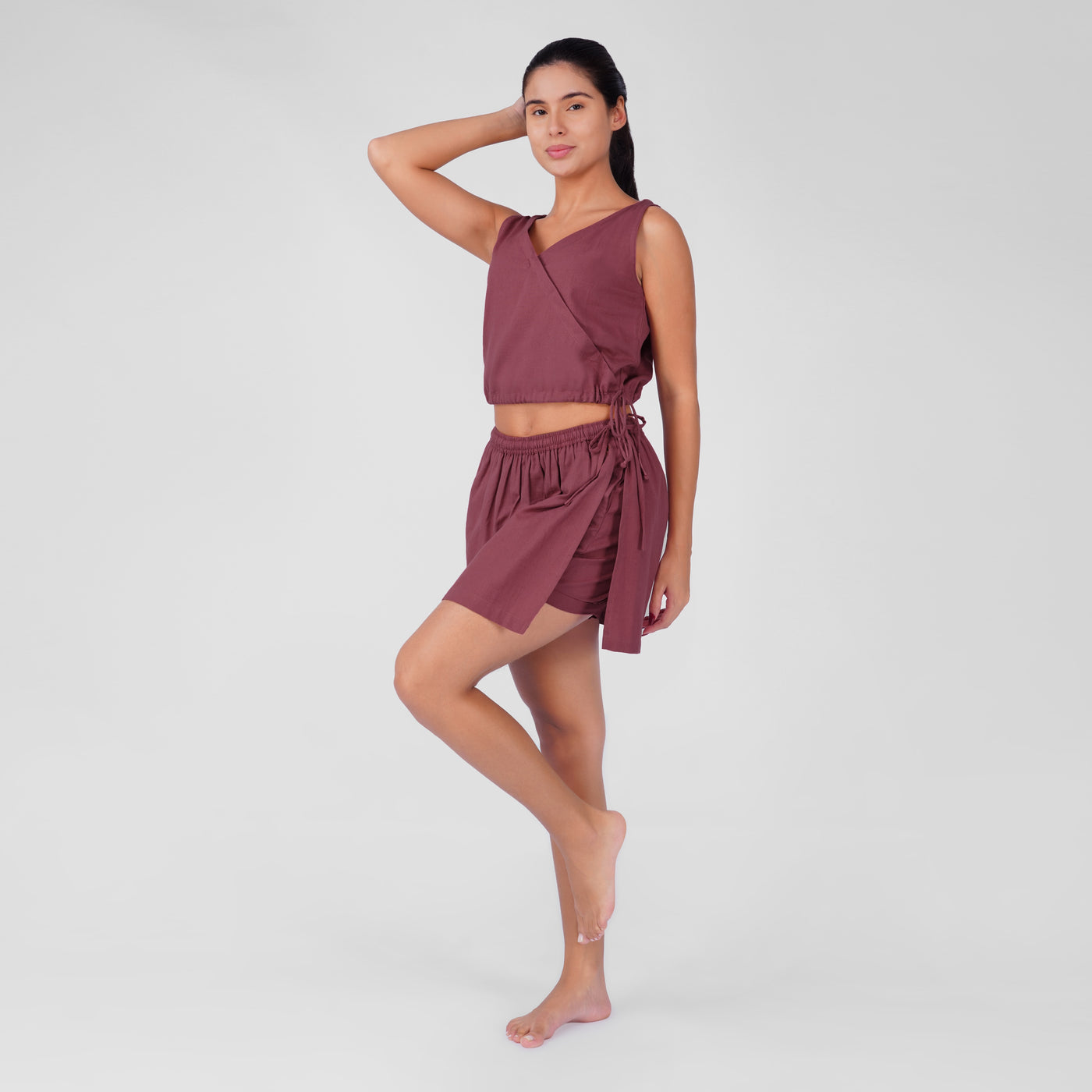 Isha Yoga Pants (Skort) and Top in Rose Pink 100% Cotton V-neck sleeveless vest and skort with half elasticed waistband — view 2