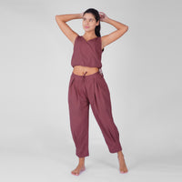 Sama Yoga Set of 2 (Top & Pants) 100% Cotton Sleeveless V Neck Short Top with Side Tie and mid waist pants Elasticised back tapered fit with box pleats- In Rose Pink