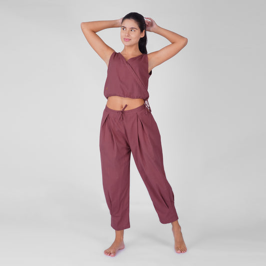 Sama Yoga Set of 2 (Top & Pants) 100% Cotton Sleeveless V Neck Short Top with Side Tie and mid waist pants Elasticised back tapered fit with box pleats- In Rose Pink