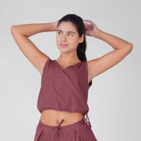 Sama Yoga Top 100% Cotton Sleeveless V Neck Short Top with Side Tie for Comfortable Fit - Rose Pink