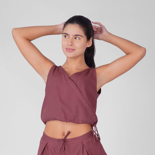 Sama Yoga Top 100% Cotton Sleeveless V Neck Short Top with Side Tie for Comfortable Fit - Rose Pink