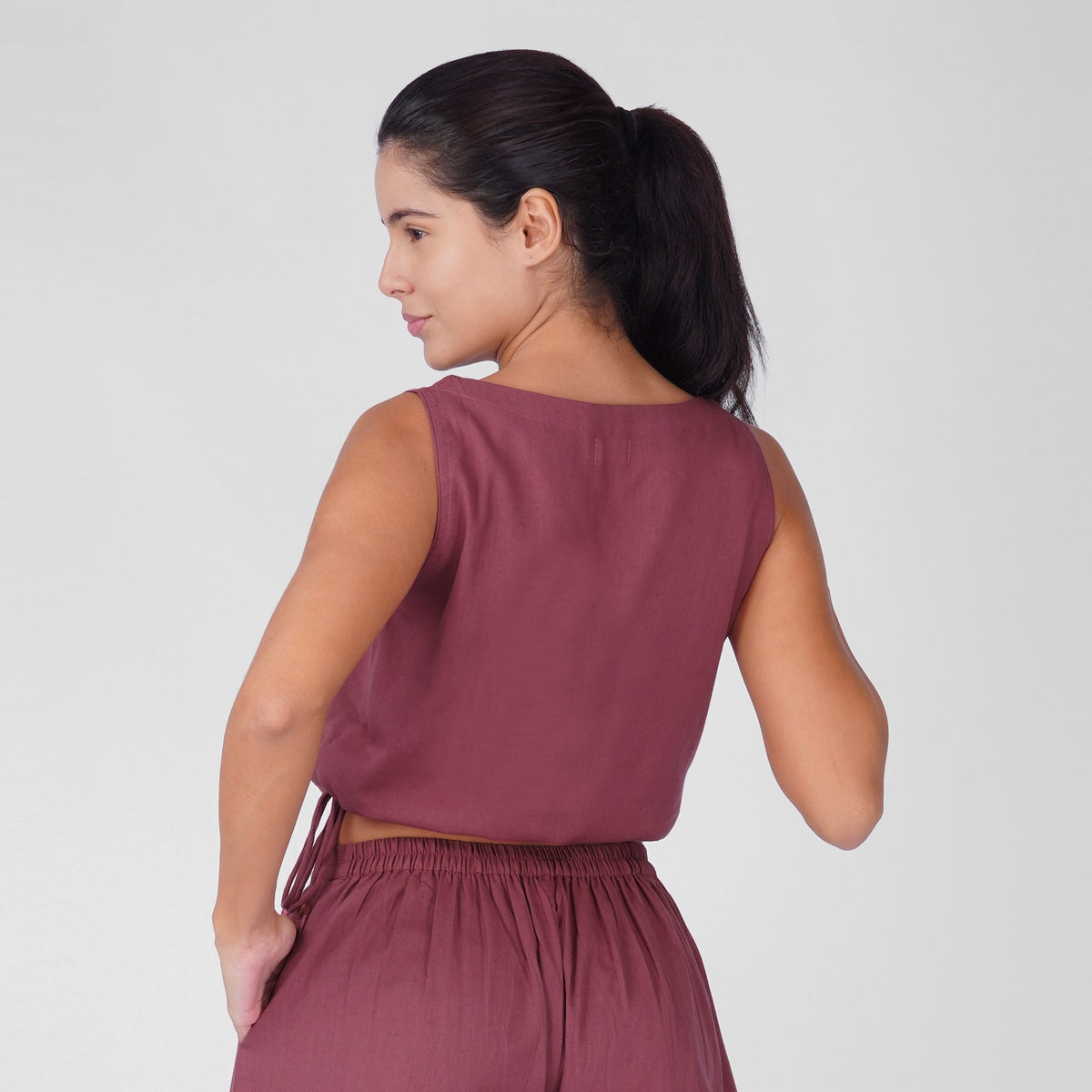 Sama Yoga Top 100% Cotton Sleeveless V Neck Short Top with Side Tie for Comfortable Fit - Rose Pink — view 2