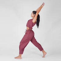 Sama Yoga Set of 2 (Top & Pants) 100% Cotton Sleeveless V Neck Short Top with Side Tie and mid waist pants Elasticised back tapered fit with box pleats- In Rose Pink