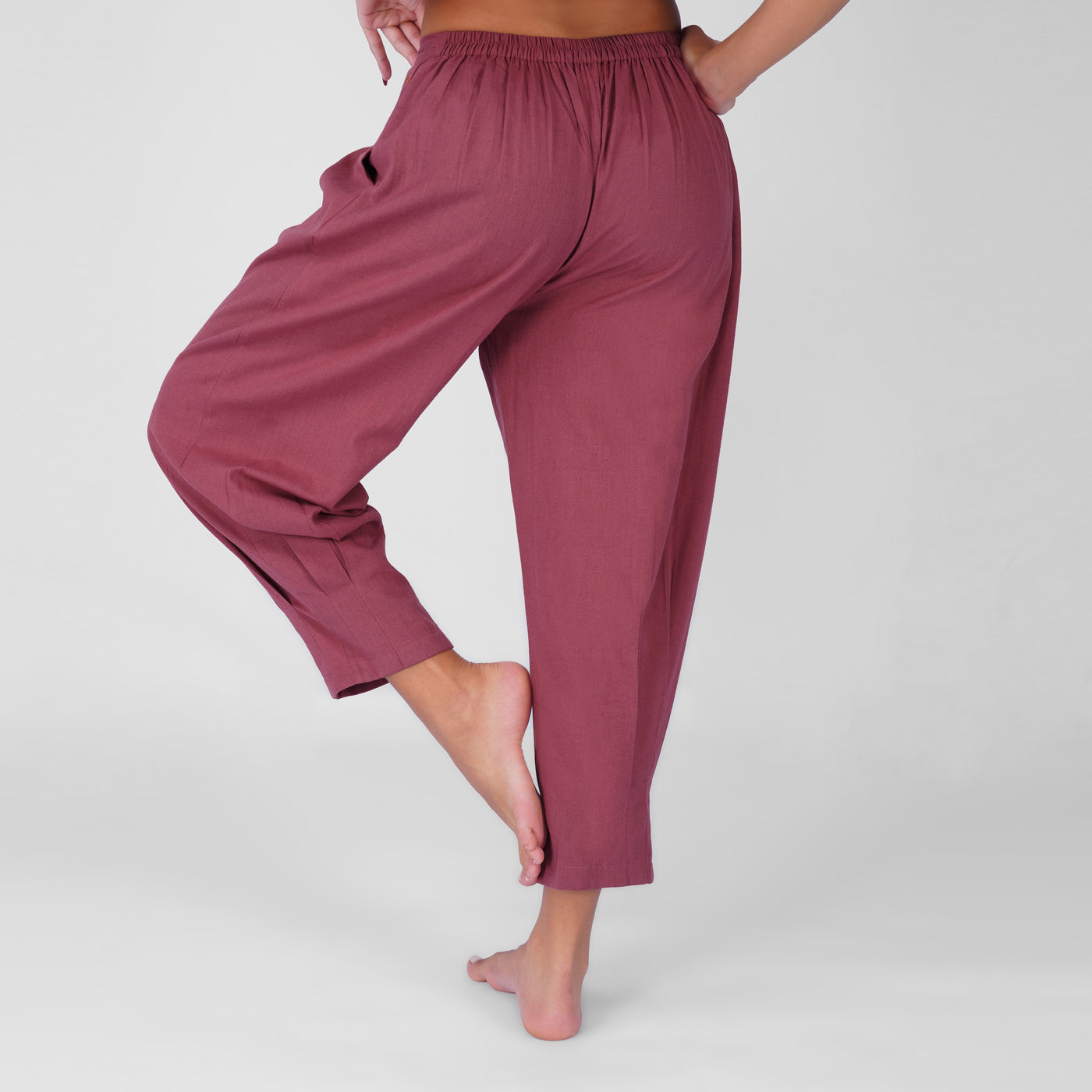Sama Yoga Set of 2 (Top & Pants) 100% Cotton Sleeveless V Neck Short Top with Side Tie and mid waist pants Elasticised back tapered fit with box pleats- In Rose Pink — view 6