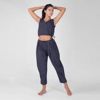 Sama Yoga Set of 2 (Top & Pants) 100% Cotton Sleeveless V Neck Short Top with Side Tie and mid waist pants Elasticised back tapered fit with box pleats- In Celtic Blue