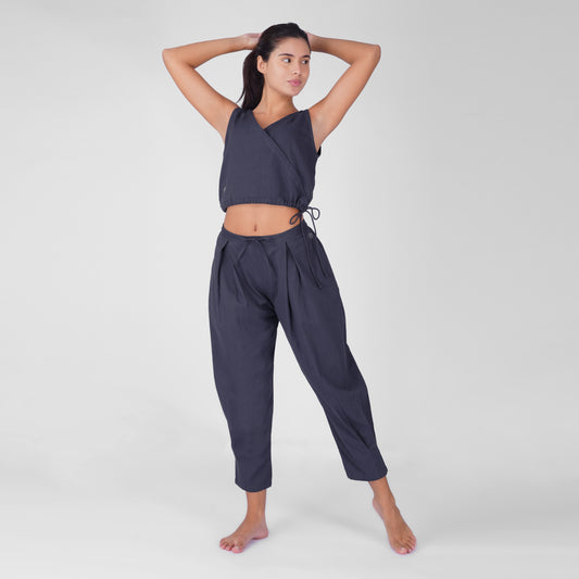 Sama Yoga Set of 2 (Top & Pants) 100% Cotton Sleeveless V Neck Short Top with Side Tie and mid waist pants Elasticised back tapered fit with box pleats- In Celtic Blue
