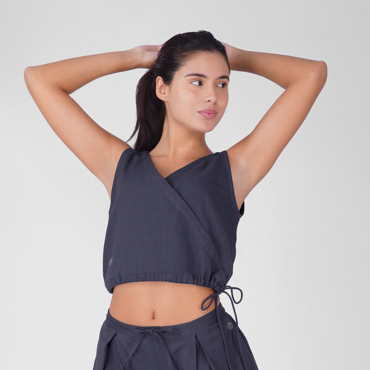 Sama Yoga Top 100% Cotton Sleeveless V Neck Short Top with Side Tie for Comfortable Fit - Celtic Blue — view 1