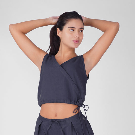Sama Yoga Top 100% Cotton Sleeveless V Neck Short Top with Side Tie for Comfortable Fit - Celtic Blue