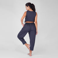 Sama Yoga Set of 2 (Top & Pants) 100% Cotton Sleeveless V Neck Short Top with Side Tie and mid waist pants Elasticised back tapered fit with box pleats- In Celtic Blue