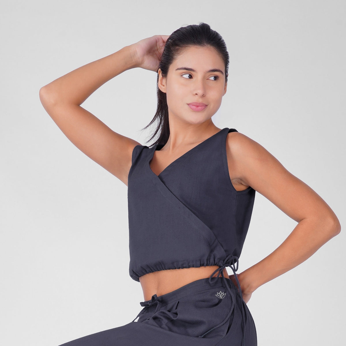 Sama Yoga Top 100% Cotton Sleeveless V Neck Short Top with Side Tie for Comfortable Fit - Celtic Blue — view 3