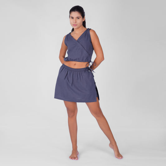 Isha Yoga Pants (Skort) and Top in Celtic Blue 100% Cotton V-neck sleeveless vest and skort with half elasticed waistband.